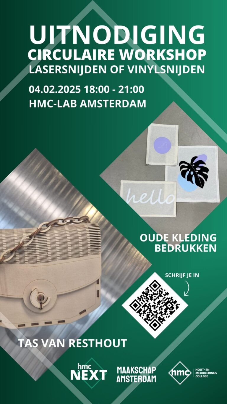 Poster voor de Workshop met de tekst: Uitnodiging Circulaire Workshop Lasersnijden of Vinylsnijden. 4-2-2025 18:00-21:00. HMC-Lab Amsterdam. Oude kleding bedrukken. Tas van resthout.